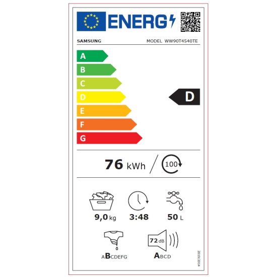 Пералня | Samsung WW90T4540TE/LE, Washing Machine | 9 kg | 1400 rpm, Energy Efficiency D | Add Wash | Hygiene Steam | Drum Clean | Spin Efficiency A | White Пералня | Samsung WW90T4540TE/LE, Washing Machine | 9 kg | 1400 rpm, Energy Efficiency D | Add Wash | Hygiene Steam | Drum Clean | Spin Efficiency A | White