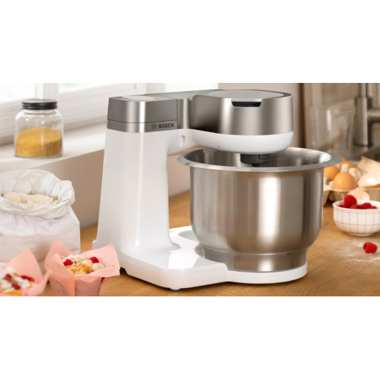 Кухненски робот | Bosch MUMS2VS30 | Kitchen machine | MUM Serie 2 | 900 W | 3.8L stainless steel bowl | 3D PlanetaryMixing | 7 speeds | Pastry set | 3 discs | Meat grinder | TR blender 1.25 l | Transparent lid with filling hole | White-Silve