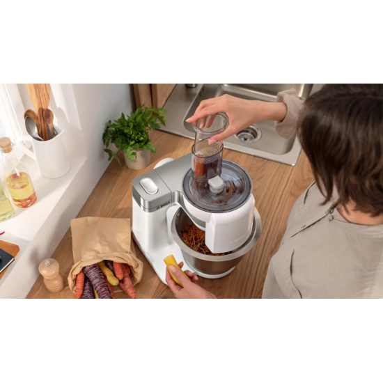 Кухненски робот | Bosch MUMS2VS30 | Kitchen machine | MUM Serie 2 | 900 W | 3.8L stainless steel bowl | 3D PlanetaryMixing | 7 speeds | Pastry set | 3 discs | Meat grinder | TR blender 1.25 l | Transparent lid with filling hole | White-Silve