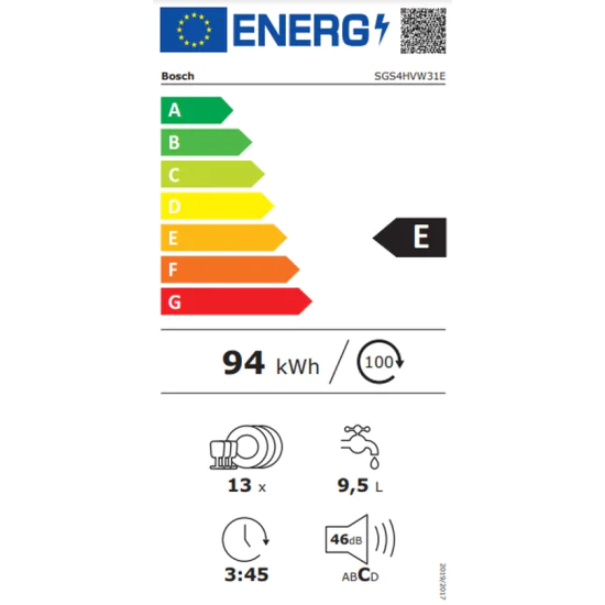 Съдомиялна | Bosch SGS4HVW31E SER4 | Free-standing dishwasher | E | Polinox | 9,5 l | 13 ps | 6p/4o | 46 dB Съдомиялна | Bosch SGS4HVW31E SER4 | Free-standing dishwasher | E | Polinox | 9,5 l | 13 ps | 6p/4o | 46 dB